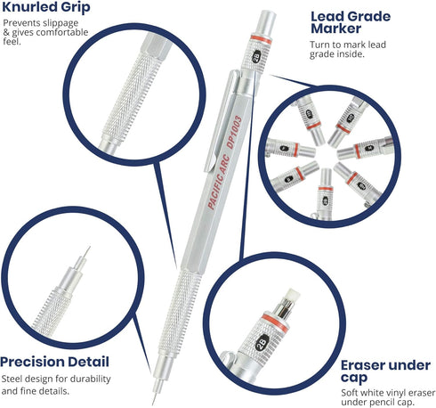 Pacific Arc Chromagraph Metal Mechanical Pencil .3 mm Silver Barrel Mechanical Pencil with Built In Adjustable Pencil Grade, Lead Pencil Holder fo...