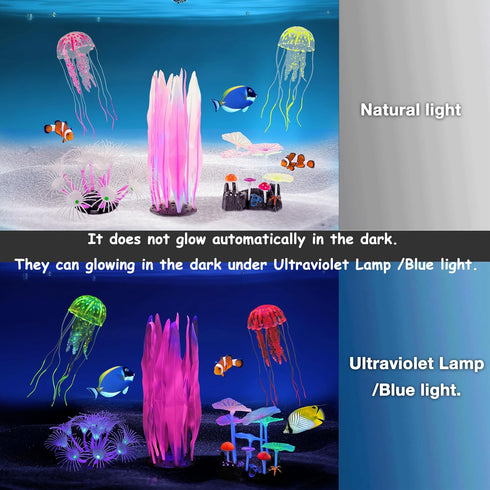 Lpraer 5 Pack Glow Aquarium Decorations Kelp Coral Mushroom Sun Flower Jellyfish Simulation Glow Plant Glowing Effect Silicone for Fish Tank Decor...