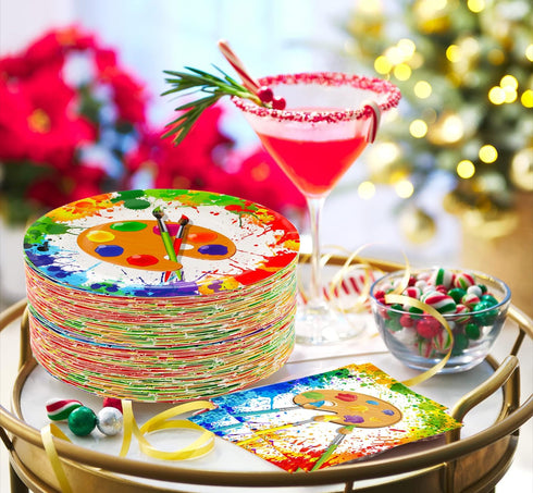 50 Pcs Art Paint Paper Plates Art Painting Party Supplies 7" Art Paint Dessert Plates Art Painting Plates for Painting Theme Baby Shower Art Paint...