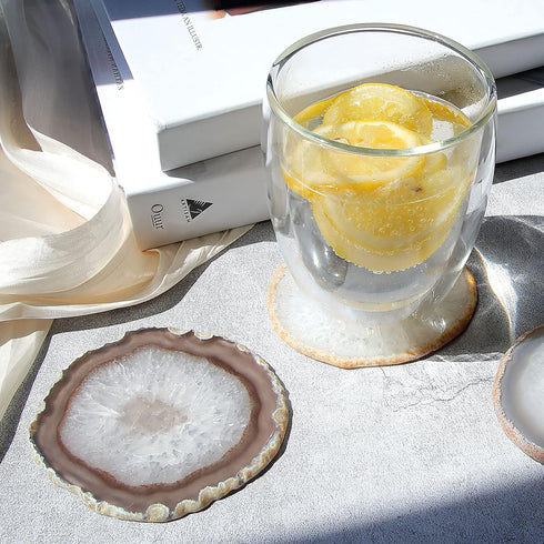 Natural Agate Coaster Set of 4, 3.5-4" Crystalline Geode Stone Coasters for Drinks Coffee Table Decor Agate Slices Glass Cups Holder for Home Gues...