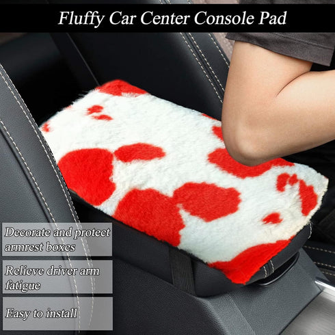 Fluffy Cow Print Plush Steering Wheel Cover for Women with Furry Gear Cover,Handbrake Cover,Seat Belt Cover,Armrest Pad,Car Coaster and Bling Embl...