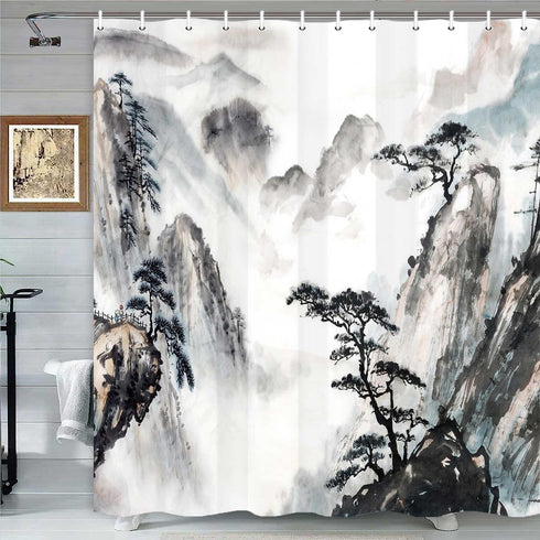 Japanese Shower Curtain, Asian Landscape Painting Oriental Ink Watercolor Mountain Tree Abstract Bath Curtains, Black Print Fabric Bathroom Access...