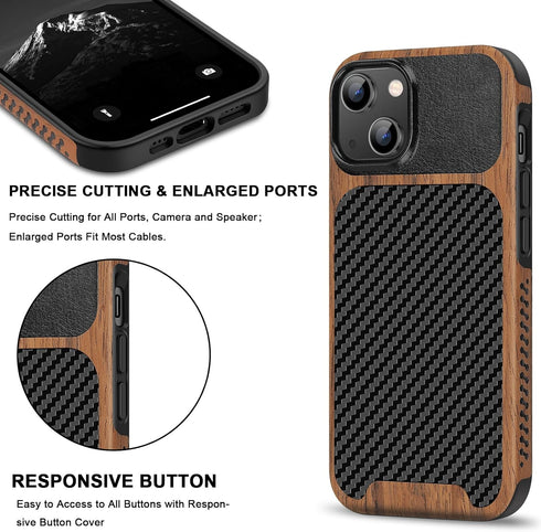 TENDLIN Compatible with iPhone 15 Case Wood Grain with Carbon Fiber Texture Design Leather Hybrid Slim Case (Black)......