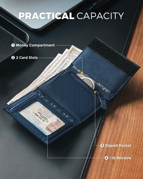 VULKIT Minimalist Leather Rfid Blocking Trifold Wallet Slim Credit Card Holder with 3 ID windows & Zipper Pocket for Men (Blue)...