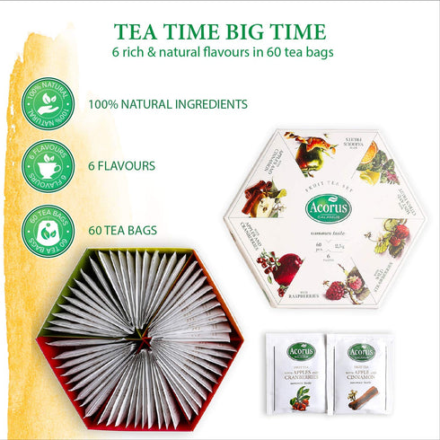 ACORUS Summer Taste Tea Set - Natural Assorted Tea Hamper Box Gift Set, Large Selection Box 60 Teas Bags, 6 Fruit and Berry Flavour Sampler, Perfe...