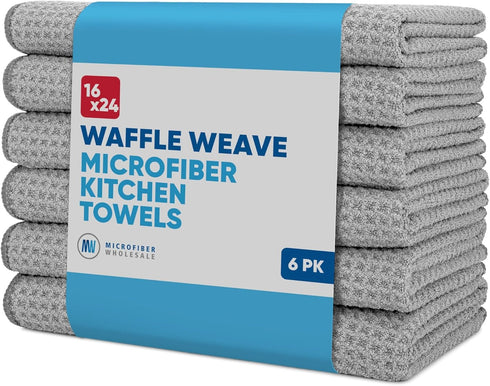 Kitchen Towels - Microfiber Waffle Weave Towels | Gray | 16 x 24 in. (6 Pack) | Absorbent, No Lint, Thick, Reusable, Commercial, Soft, Hand, Tea, ...