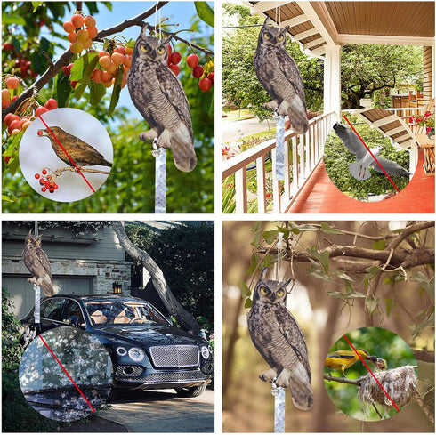Fake Owl Decoy to Scare Birds, 2Pack Reflective Birds Deterrent Owl Bird Scarer Dual-Side Printed Owl for Farms, Orchards, Gardens, Window...