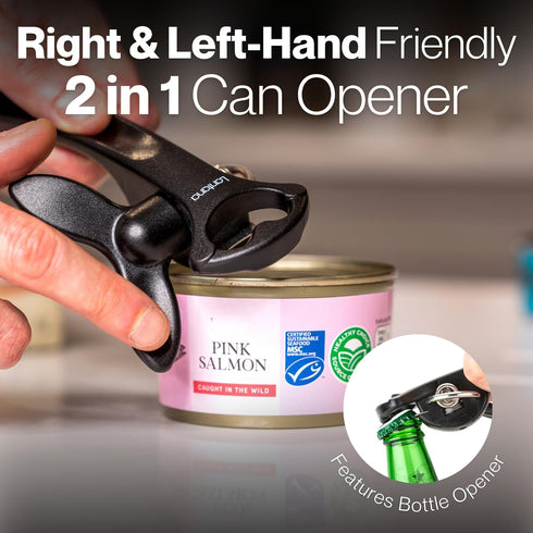Lantana Smooth Edge Can Opener with Bottle Cap Lifter - Hand Held Manual Safety Tin Opener - Black/Stainless Steel...