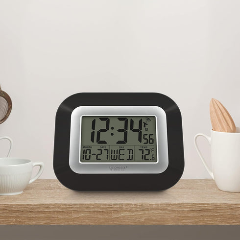 La Crosse Technology WT-8005U-B-INT Atomic Digital Wall Clock with Indoor Temperature, Black,...
