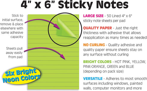 Better Office Products Lined Sticky Notes, 4 x 6, 6 Pack, 300 Sheets (50/Pad), Self Stick Notes with Lines, 6 Bright Assorted Colors, Post Memos, ...