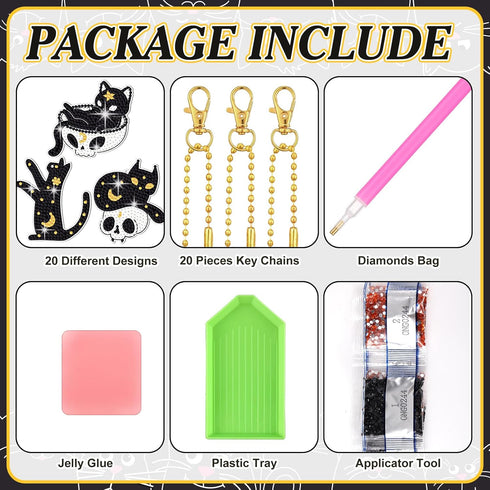 Siifert 20 Pcs Diamond Painting Keychain Kits with Tools Cute Hanging Diamond Painting Keychains Cat Skull Camping Drill Diamond Painting Key Chai...
