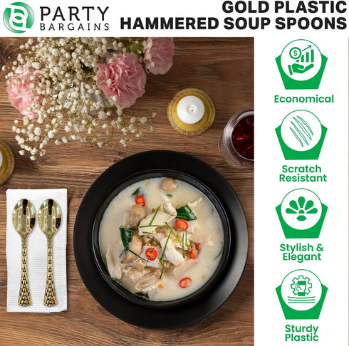 Party Bargains Disposable Hammered Cutlery Soup Spoons, 40 Count, Gold, Heavy Duty Plastic Flatware Cutlery Utensils, Excellent for Weddings, Birt...