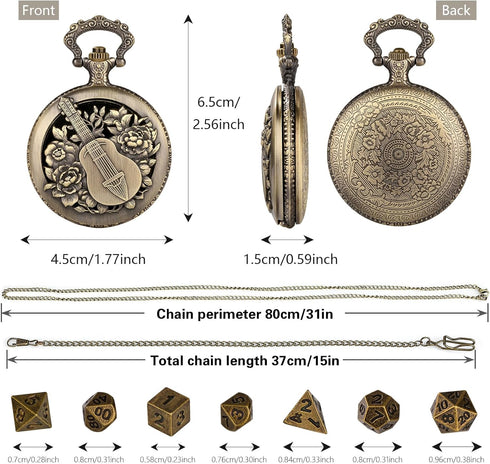 Mini DND Dice Set Steampunk Hollow Bard Pocket Watch Shell Case, 7pcs Tiny Polyhedral Metal D&D Dice Set, Dungeons and Dragons Gifts with Gift Box...