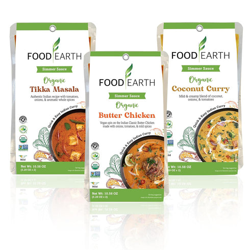 Food Earth Indian Simmer Sauces - Butter Chicken, Coconut Curry, Tikka Masala - Prepackaged, Microwavable, Easy to Store, Organic, Vegan, Gluten &...