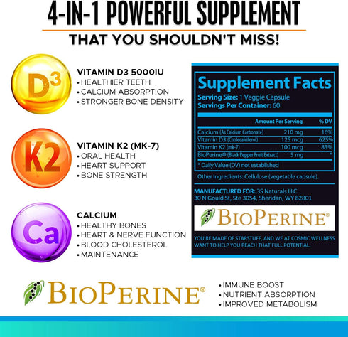 K2 D3 Vitamin Supplement 5000 Iu - For Healthier Bones, Blood, Heart, And Better Immunity - Enhanced Calcium Absorption With Bioperine - 100% Natu...