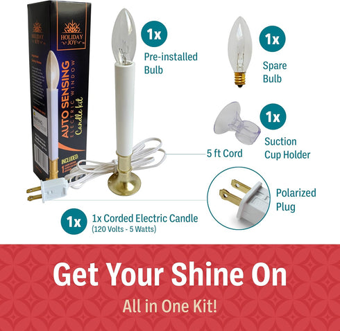 Holiday Joy Window Candles Kit - Pack of 1-9-inch-Tall Electric Candle with Built-in Auto Sensor, 2 Bulbs and Suction Cup Holder in Each Box - 5W,...
