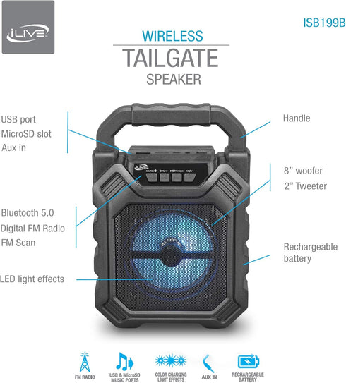iLive ISB199B Wireless Tailgate Party Speaker, with LED Light Effects and Built-in Rechargeable Battery, Black......