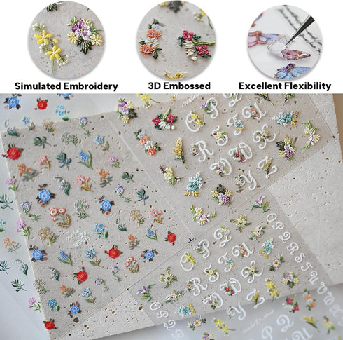 Flower Letter Nail Art Stickers 5D Embossed Nail Decals for Nail Art Design Self-Adhesive Nail Accessories for Women Nail Art Supplies 3 Sheets...