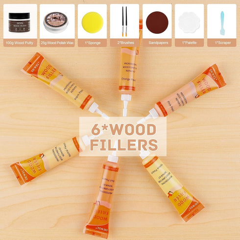DEWEL Furniture Repair Kit Wood Filler, 6 Colors Peach Series Wood Floor Repair Kit, Filler Furniture Paint, Wood Putty & Wood Polish Repair Wood ...