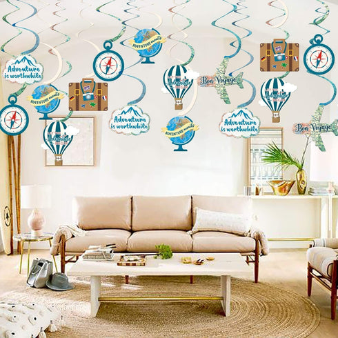 30CT Travel Themed Hanging Swirl Decorations Adventure Awaits Bon Voyage Farewell Retirement Themed Party Around The World Wedding Shower Party Ce...