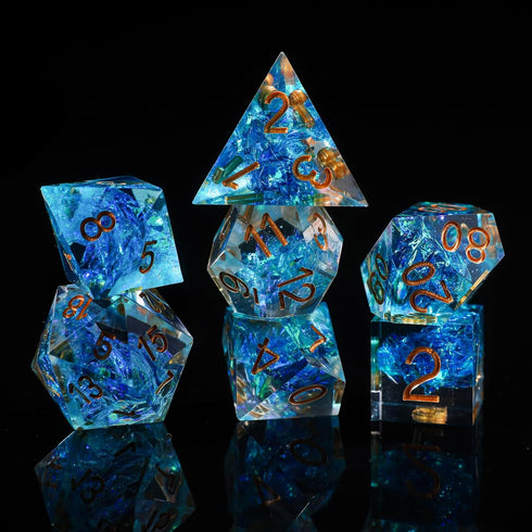 Sharp Edge DND Dice Set Metal Gift Box for Dungeons and Dragons TTRPG, Multi-Sided RPG Resin Roleplaying Games (Transparent Blue with Metallic Foi...