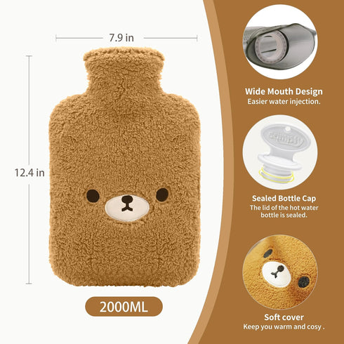 samply Hot Water Bottle with Cute Fleece Cover, 2Liter Water Bag for Hot and Cold Compress, Hand Feet Warmer, Neck and Shoulder Pain Relief, Brown...