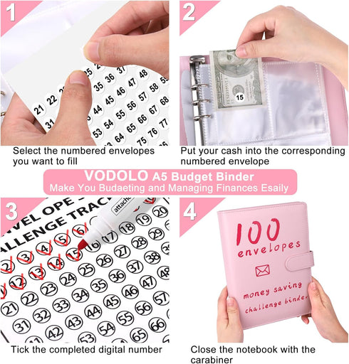 100 Envelopes Money Savings Challenge Book, Budgeting Binder and Cash Saving Kit with Pouches, Family Emergency Binder (Pink)...