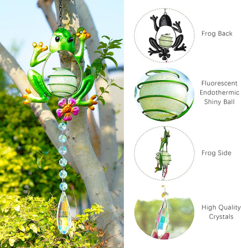 Metal Frog Suncatcher Crystals for Window Ornament - 17" Outdoor Fence Wall Art Decor, Rainbow Maker Hanging for Garden Yard Living Room Bedroom P...