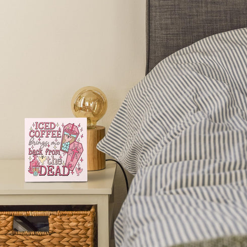 Funny Coffee Signs, Trendy Pink Iced Coffee Brings Me Back from the Dead for Home Kitchen Coffee Bar Station Nook Desk Shelf Table Decor, Pink Cof...