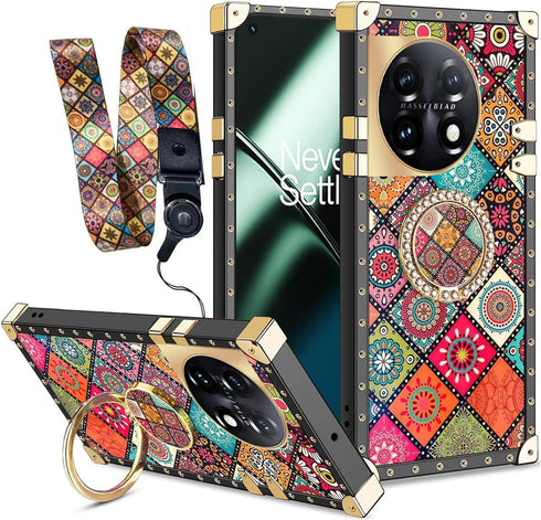 nancheng for Oneplus 11 Square Case (6.7-inch) with Ring Stand Cute Girls Women Retro Mandala Flower Pattern Metal Reinforced Corners Shockproof P...