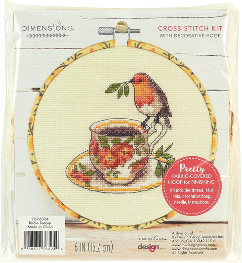 Dimensions Birdie Teacup Counted Cross Stitch Kit for Beginners, 6" Diameter, Multicolor 5 Piece...
