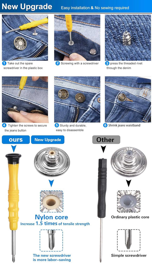Jeans Button Replacement No Sew: YUANHANG 24 Sets Metal Buttons for Pants - Instant Adjustable Button - Tighten Waist Size by 1 Inch or Extend an ...