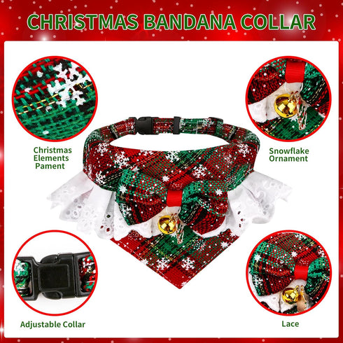 Christmas Pet Bandana with Bell and Pendant for Dogs and Cats, Festive Red and Green Plaid Snowflake Design, Adjustable Sizes for Most Pets, Durab...