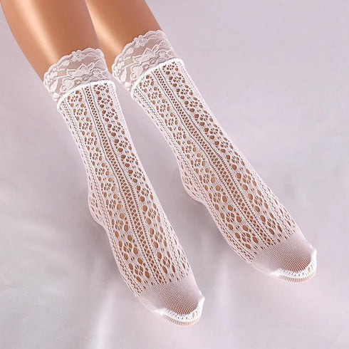 Lace Socks for Women | White Crew Mid-Calf Socks with Lace Trim...