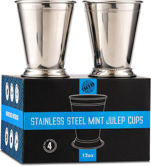 Mint Julep Cups: Stainless Steel Glasses, Set of 2 OR Set of 4, Metal 12 oz Cocktail Glasses, Party Supplies...