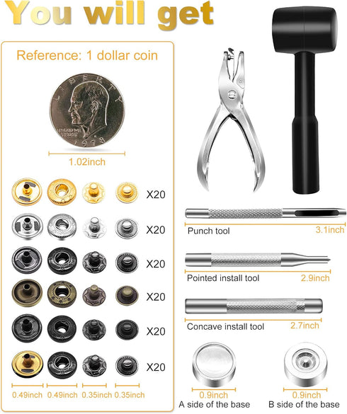 Alritz 120 Set Leather Snap Fasteners Kit with Hammer Puncher, 12.5mm Metal Button Snaps Press Studs with 4 Setter Tools for Clothes, Jackets, Jea...