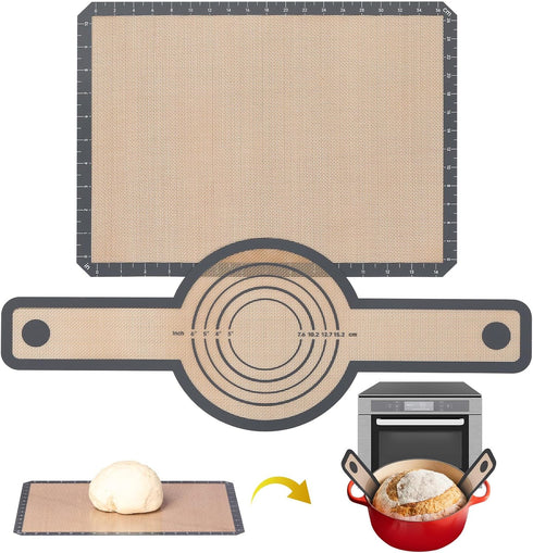 Sourdough Bread Baking Supplies Silicone Baking Mat/Silicone Bread Sling with Long Handle,Food Safe Silicone Mats for Baking,Non-Stick & Easy Clea...