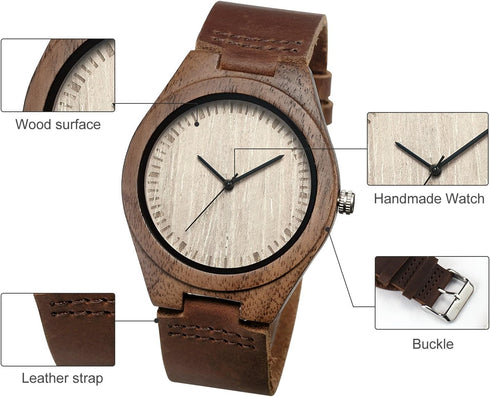 Men's Walnut Wood Cowhide Leather Strap Watch Wooden Case Analog Quartz Wristwatch for Dad Men Him...