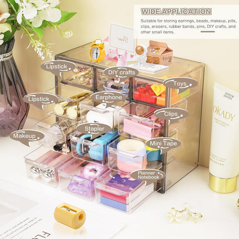 Desk Storage Organizer with 12 Mini Drawers, Clear Desktop Craft Drawer Cabinet, Stackable Storage Box Caddy for Makeup Jewelry Office Craft Suppl...
