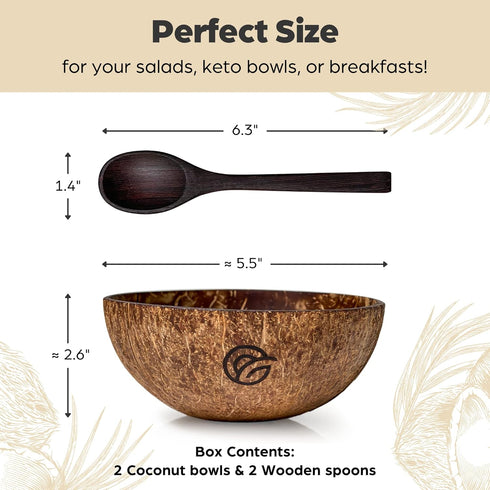 Coconut Bowls and Wooden Spoons Set of 2 – Natural, Hand-Crafted, Vegan-Friendly, Salad, Smoothie or Buddha Bowl and Kitchen Utensils (2 Natural B...