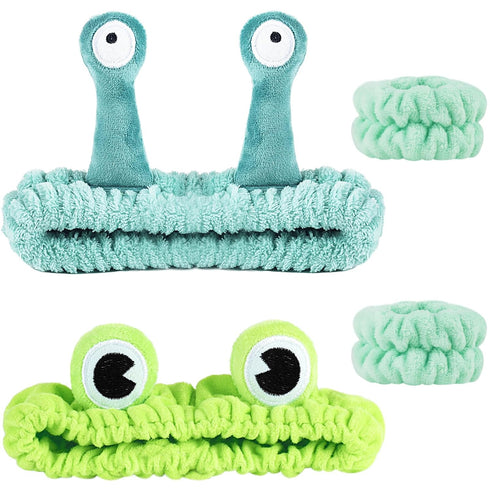 4Pcs Spa Headband for Washing Face Wristband Set for Women Girls Frog Snail Makeup Skincare Facial Shower Coral Fleece Head Wraps Cute Soft Blue G...