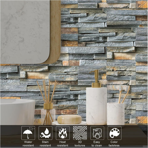 3-Pieces Peel and Stick Backsplash Tiles for Kitchen 4"x 12" PVC Self-Adhesive Subway Matte Faux Stone Wall Panel Brick Stick on Backspalsh for Ba...