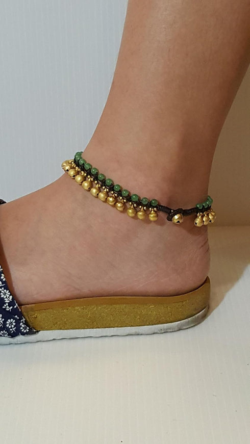 Infinityee888 Trendy Fashion Anklet Green Jade and Brass Bell Ankle Bracelet 10 Inches Woven with Wax Cord Beautiful Handmade Hippie Bohemian Styl...