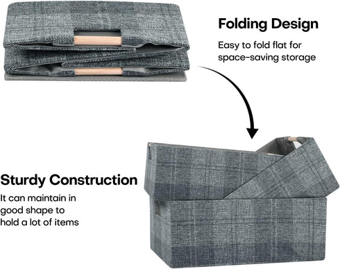 Fabric Storage Bin Box Collapsible Cotton Linen Storage Cube with Wooden Handles Rectangular Decorative Home Organizer Clothes Blanket Basket– Dar...