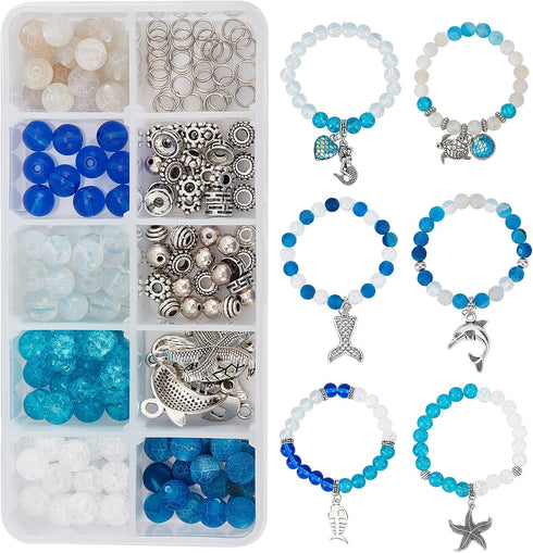 SUNNYCLUE 1 Box 270Pcs Bracelet Making Kit Ocean Theme Bracelet Set Colorful 8mm Glass Beads Mermaids Shells Seahorses Charms for Jewelry Marking ...