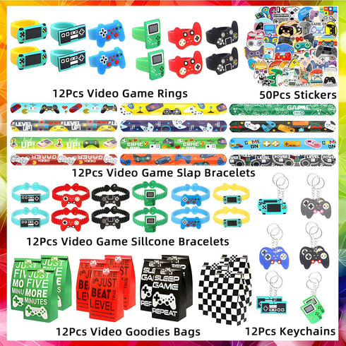 110 Pcs Video Game Party Favors, Gamer party Favors - 12 sets of Gaming Birthday Goodie Bags Included Gift Bags, Game Keychain, Slap Bracelet, Sti...