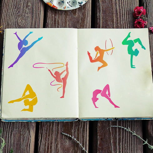 FINGERINSPIRE Gymnastics Painting Stencil 11.8x11.8 inch Plastic PET Painting Stencil 6 Styles Women Gymnastics Template Sports Stencil Large Draw...