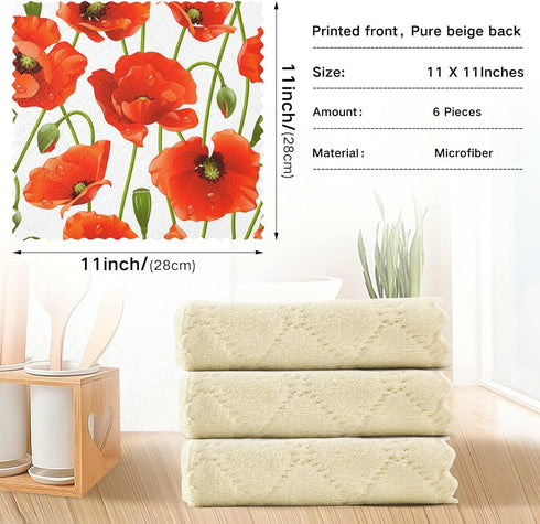 Kcldeci Poppy 6 Pieces Kitchen Dish Cloths Poppies Flower Floral Washable Cleaning Cloth Absorbent Dish Towels for Washing Dishes Wipe Glass Home ...