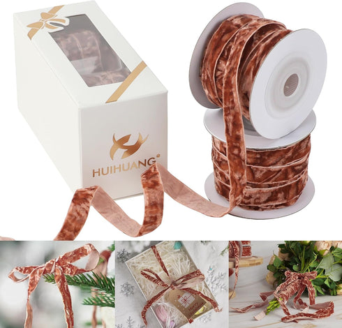 HUIHUANG Rust Red Velvet Ribbon 3/8 inch Crushed Thin Velvet Ribbon for Christmas Tree Ornaments, Gift Wrapping, Wreath Decoration, Invitations, H...