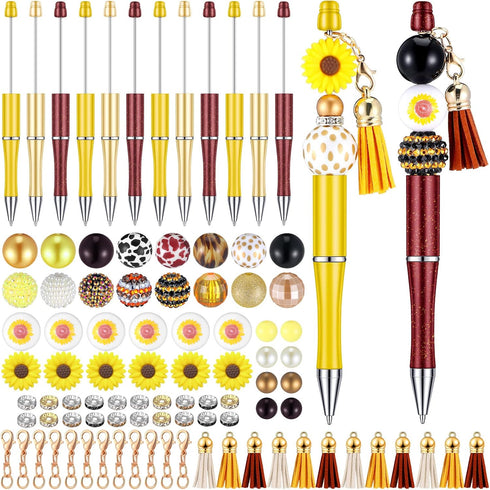 Teling 12 Pcs Beadable Pens Plastic Black Ink Ballpoint Pen with Assorted Spacer Beads Silicone Beads and Tassels and 12 Pcs Lobster Clasps for Of...